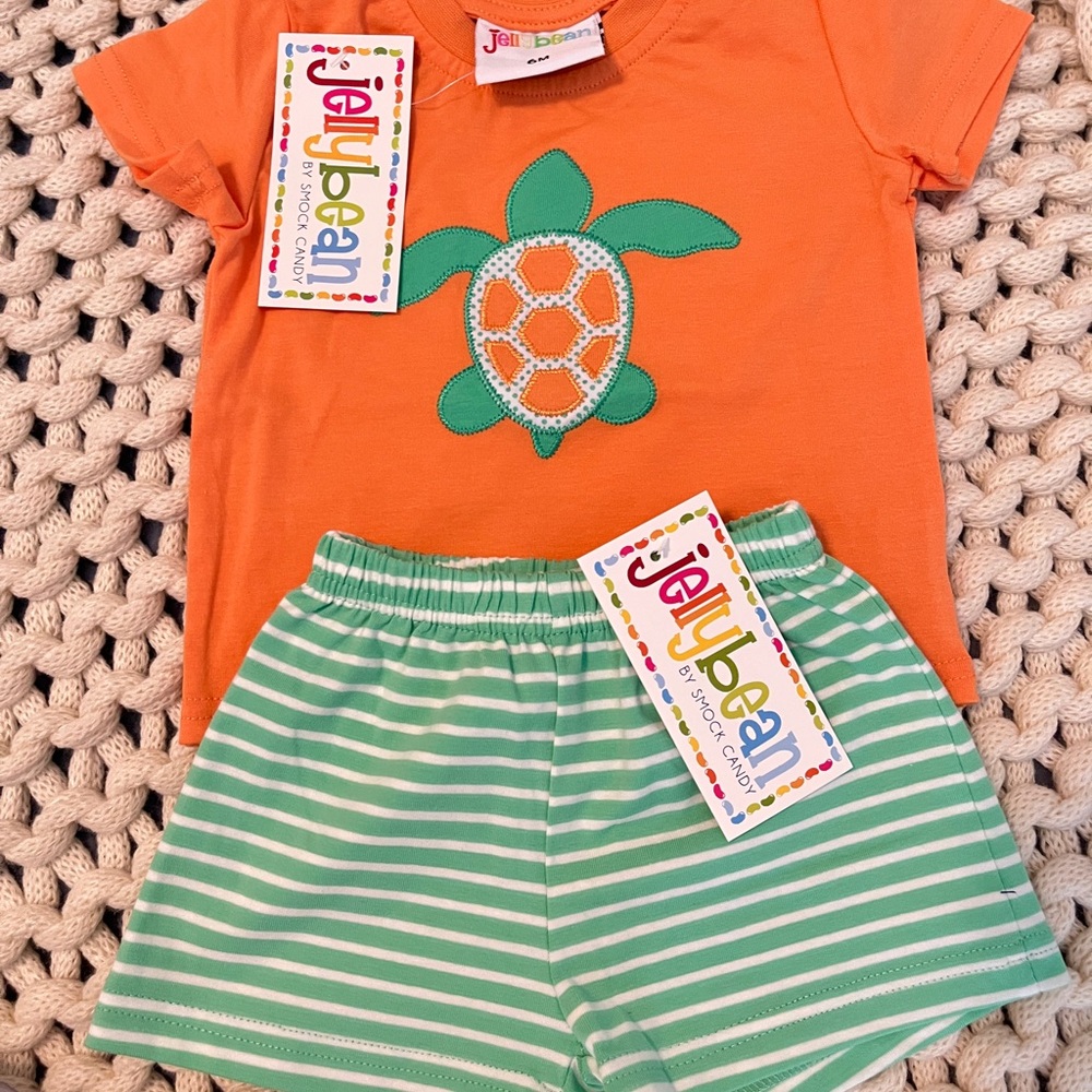 Jellybean Orange Turtle Top & Green Stripe Shorts Set 6M NWT